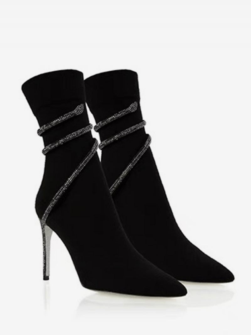 Bottines Noires À Bout Pointu Et Bretelles Scintillantes Pour Femmes Talons Hauts - Noir