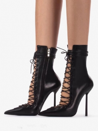 Bottines Noires À Bout Pointu Pour Femmes Sexy Lacets Et Fermeture Éclair Talons Hauts