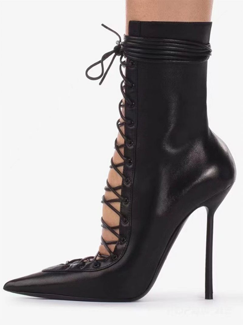 Bottines Noires À Bout Pointu Pour Femmes Sexy Lacets Et Fermeture Éclair Talons Hauts - Noir