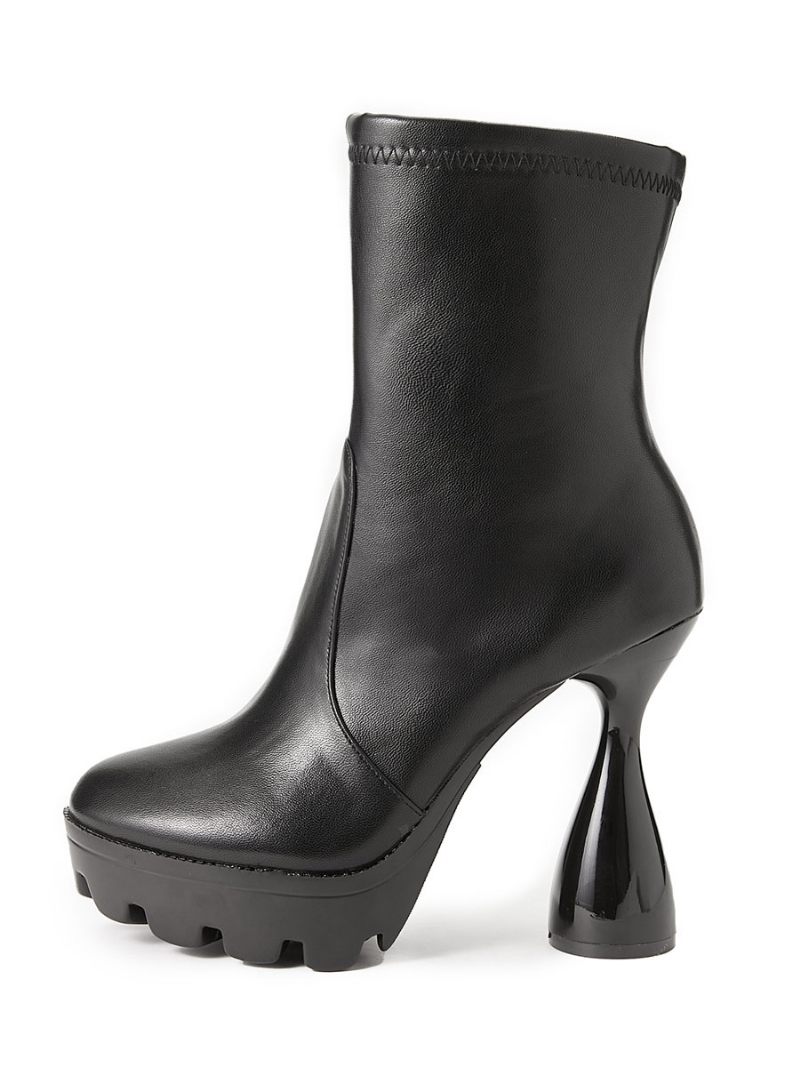 Bottines Noires Cuir Pu Pour Femmes Bout Rond Talon Gobelet