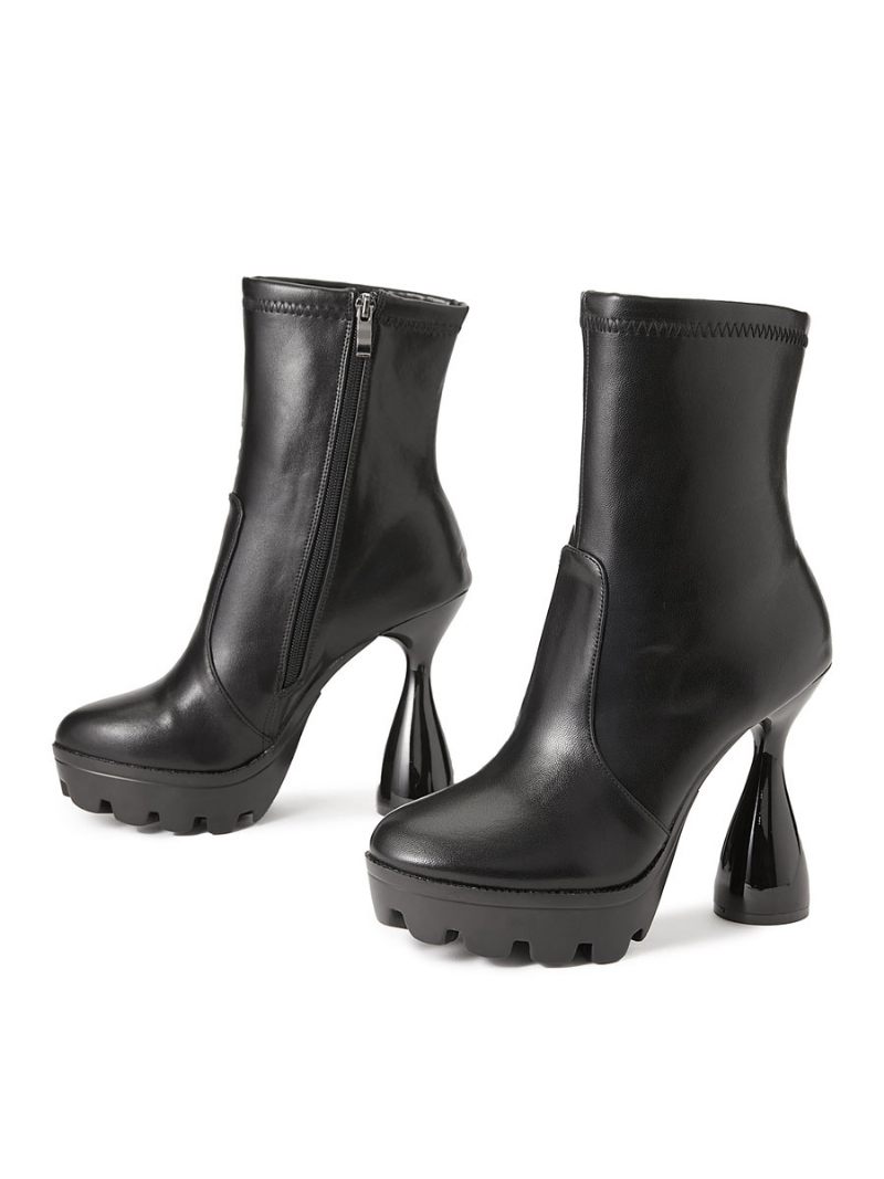 Bottines Noires Cuir Pu Pour Femmes Bout Rond Talon Gobelet - Noir