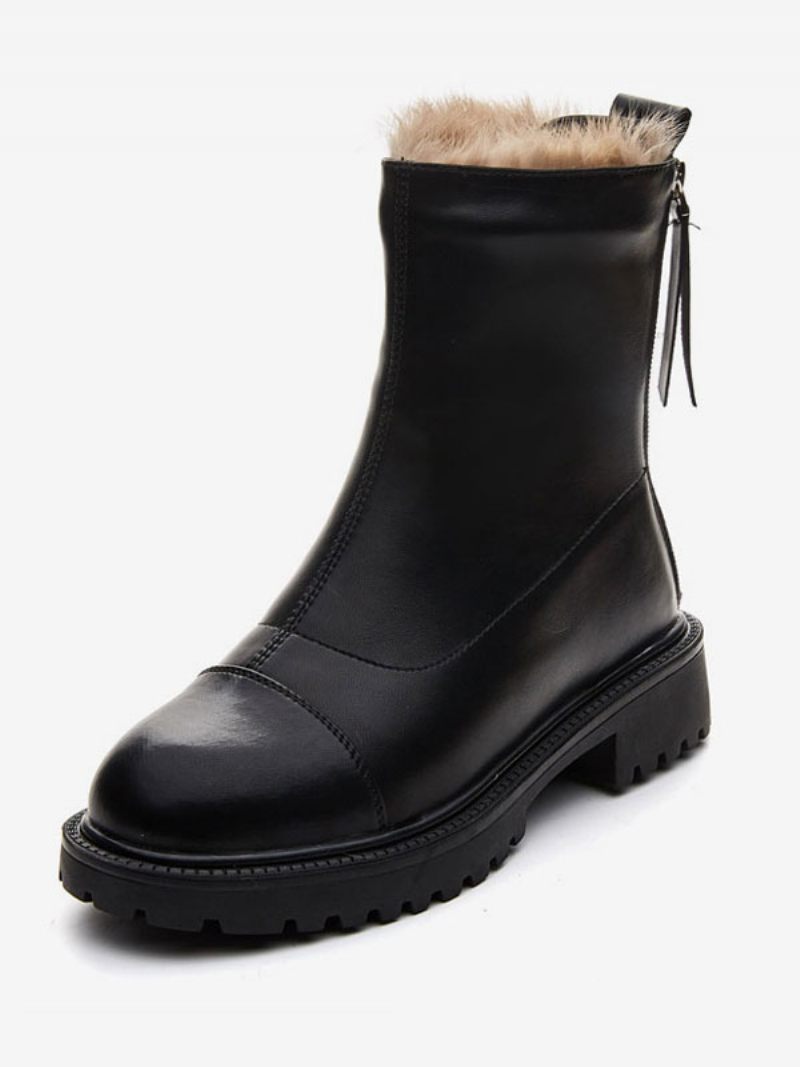 Bottines Noires Pour Femmes Bottes D'hiver Courtes À Bout Rond Avec Détails Peluche