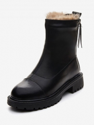 Bottines Noires Pour Femmes Bottes D'hiver Courtes À Bout Rond Avec Détails Peluche