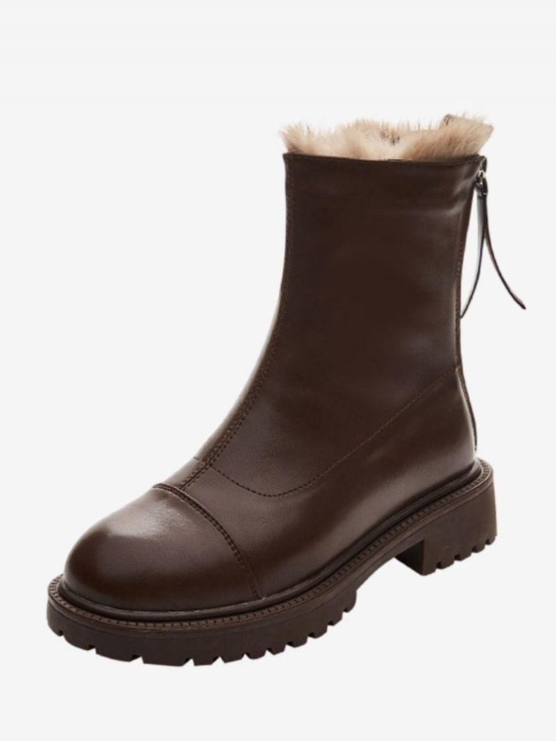 Bottines Noires Pour Femmes Bottes D'hiver Courtes À Bout Rond Avec Détails Peluche - Marron Café