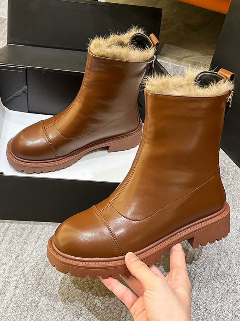 Bottines Noires Pour Femmes Bottes D'hiver Courtes À Bout Rond Avec Détails Peluche - Marron Clair