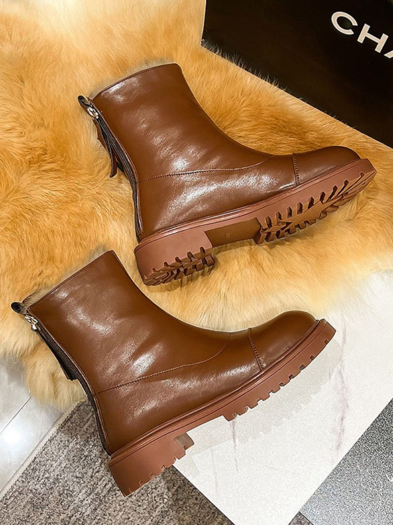 Bottines Noires Pour Femmes Bottes D'hiver Courtes À Bout Rond Avec Détails Peluche - Marron Clair