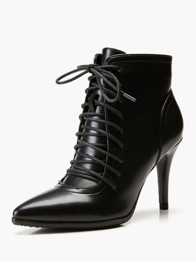 Bottines Noires Femmes Bout Pointu À Lacets Talons Hauts