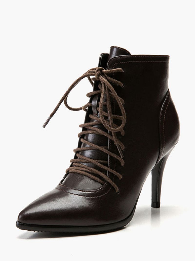 Bottines Noires Femmes Bout Pointu À Lacets Talons Hauts - Brun Foncé