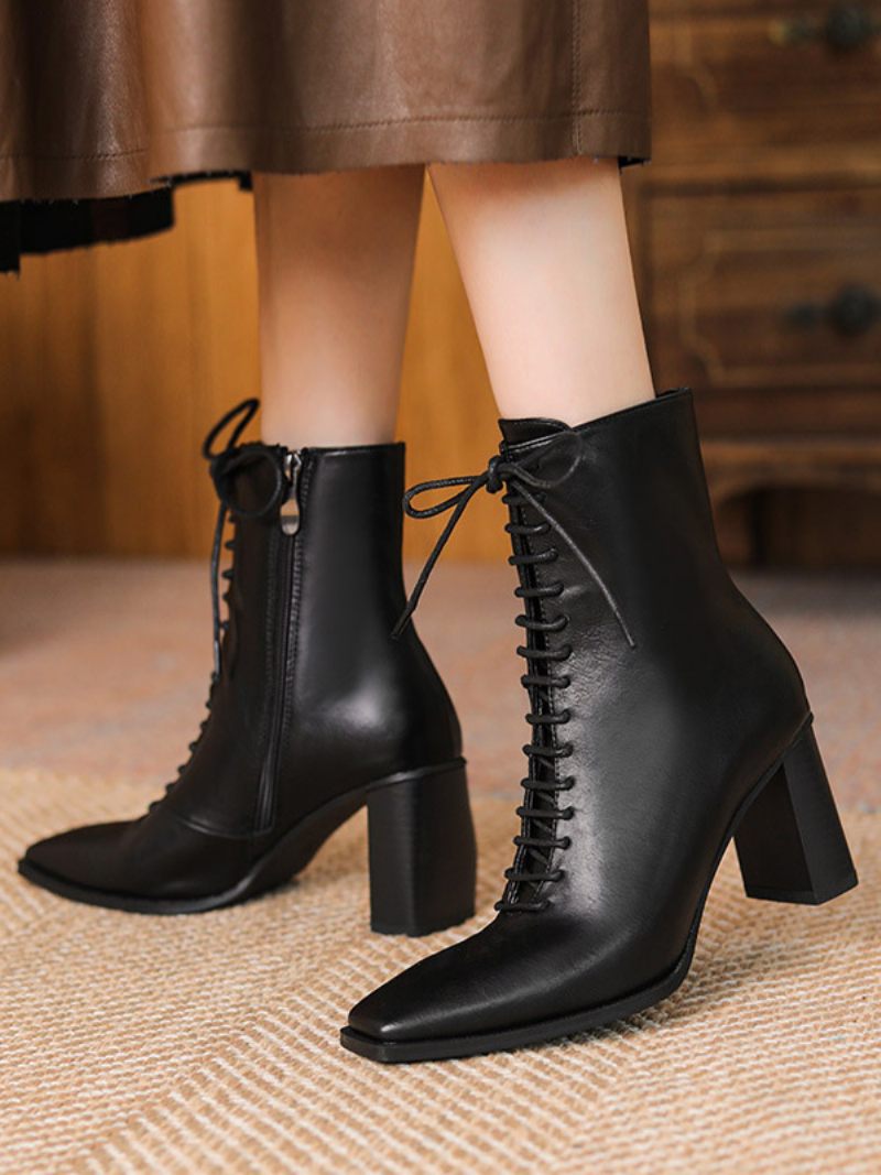 Bottines Noires Femmes À Lacets Bout Carré