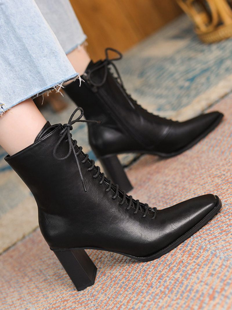 Bottines Noires Femmes À Lacets Bout Carré - Noir