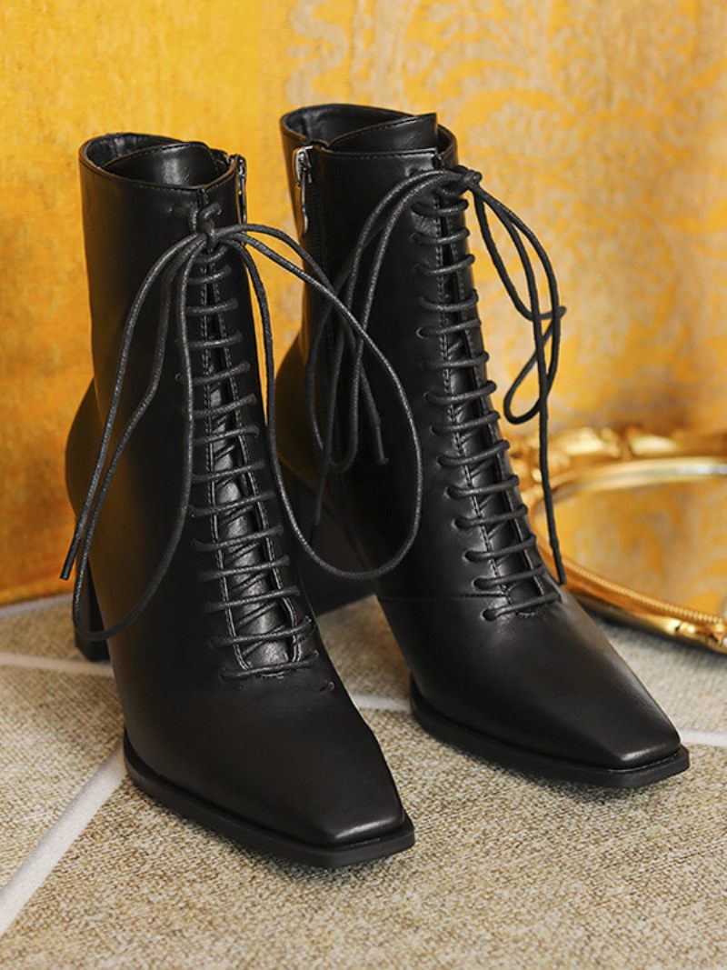 Bottines Noires Femmes À Lacets Bout Carré - Noir