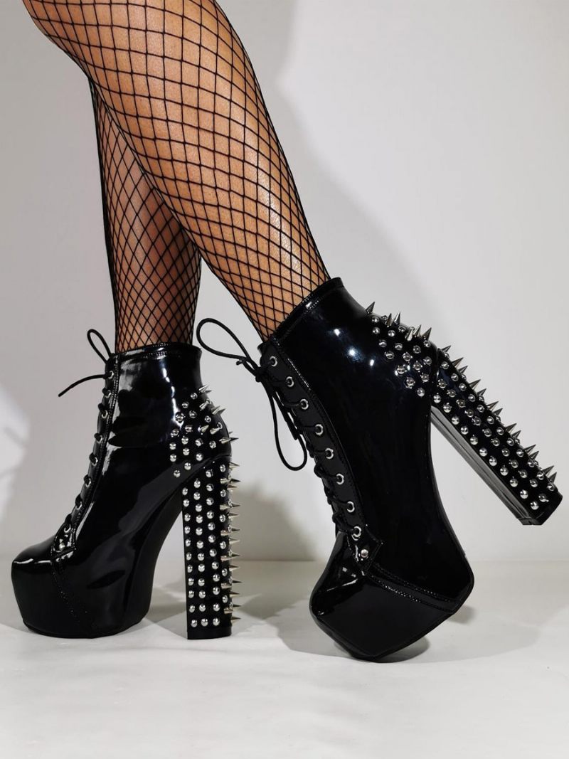 Bottines Noires Pour Femmes À Plateforme Bout Rond Talon Épais Cloutées Sexy Club