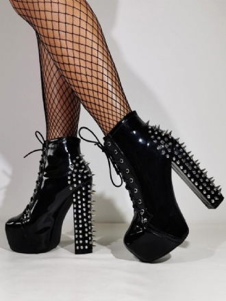 Bottines Noires Pour Femmes À Plateforme Bout Rond Talon Épais Cloutées Sexy Club