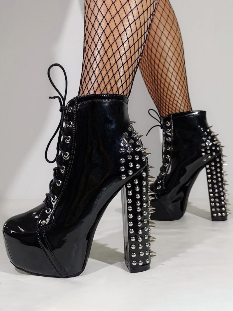 Bottines Noires Pour Femmes À Plateforme Bout Rond Talon Épais Cloutées Sexy Club - Noir