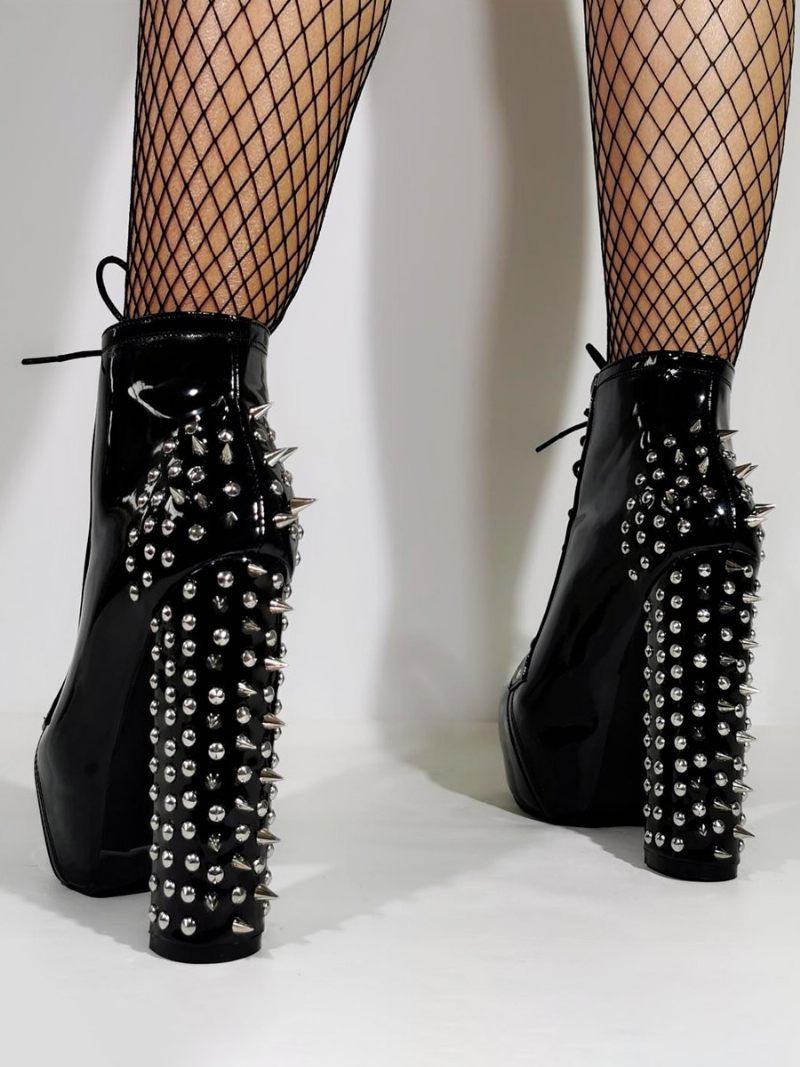 Bottines Noires Pour Femmes À Plateforme Bout Rond Talon Épais Cloutées Sexy Club - Noir