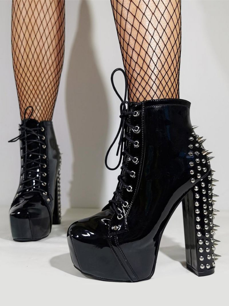 Bottines Noires Pour Femmes À Plateforme Bout Rond Talon Épais Cloutées Sexy Club - Noir