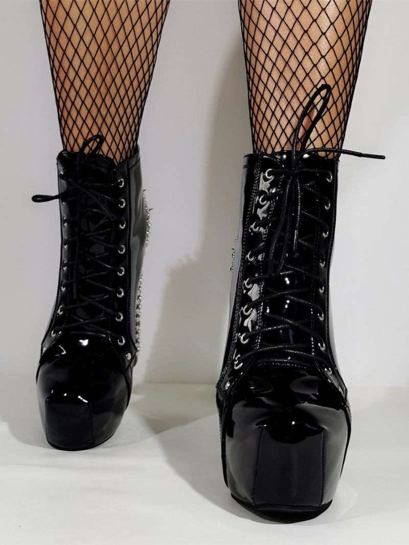 Bottines Noires Pour Femmes À Plateforme Bout Rond Talon Épais Cloutées Sexy Club - Noir