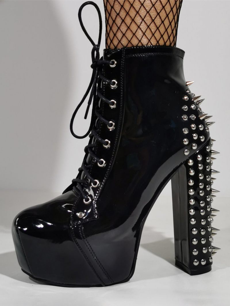 Bottines Noires Pour Femmes À Plateforme Bout Rond Talon Épais Cloutées Sexy Club - Noir