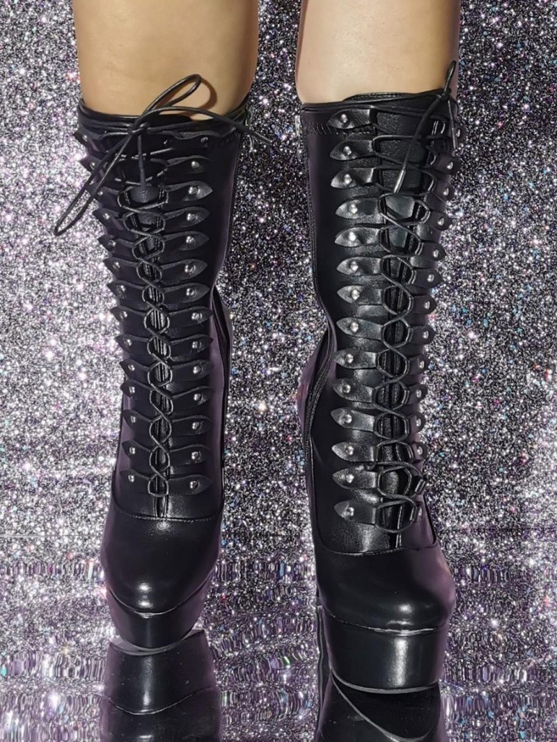 Bottines Noires À Lacets Et Talons Hauts Pour Femmes - Noir