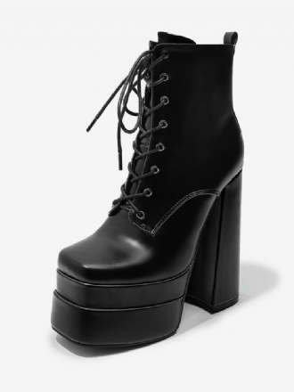 Bottines Noires À Lacets Pour Femmes Bout Rond Et Talons Épais