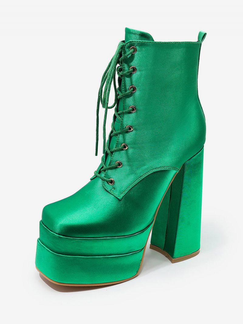 Bottines Noires À Lacets Pour Femmes Bout Rond Et Talons Épais - Vert