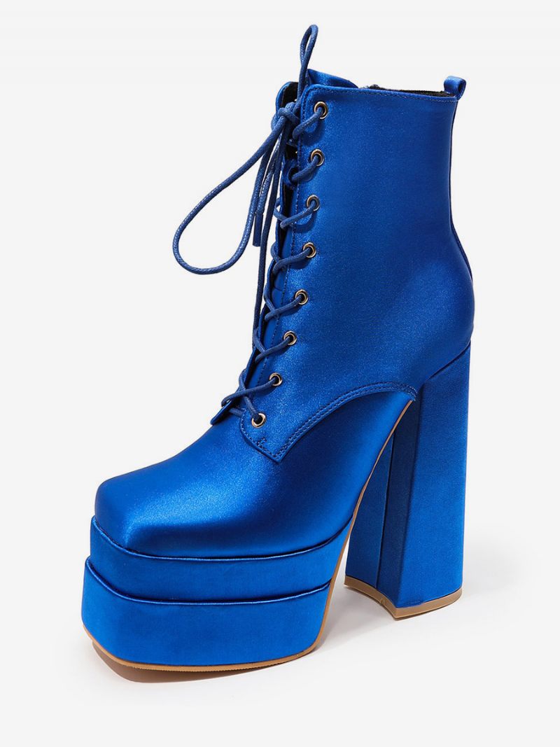 Bottines Noires À Lacets Pour Femmes Bout Rond Et Talons Épais - Bleu