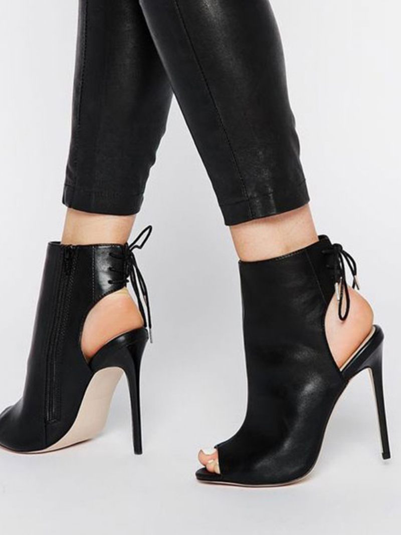 Bottines Noires À Talons Hauts Lacets Et Bout Ouvert Pour Femmes