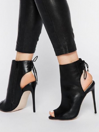 Bottines Noires À Talons Hauts Lacets Et Bout Ouvert Pour Femmes