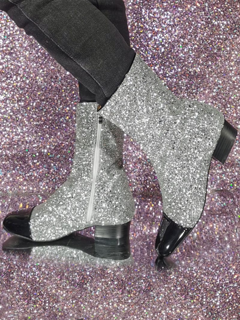 Bottines À Paillettes Bout Rond Et Talon Chiot Pour Femmes - Argent