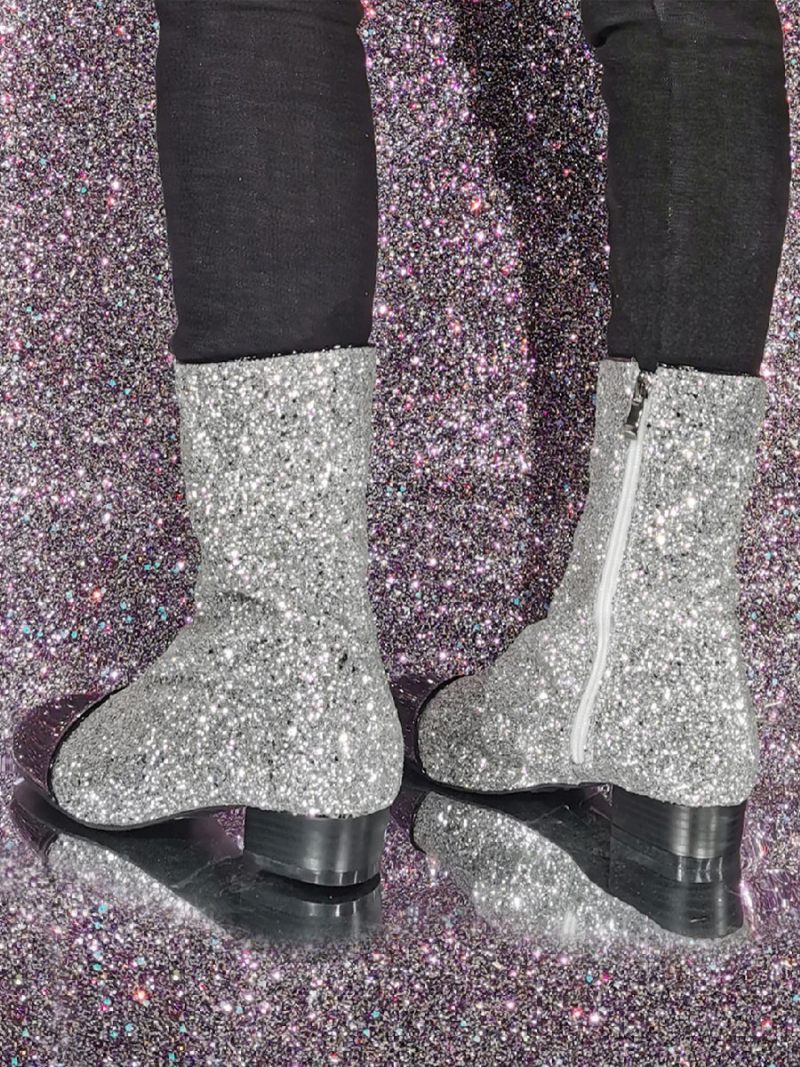 Bottines À Paillettes Bout Rond Et Talon Chiot Pour Femmes - Argent