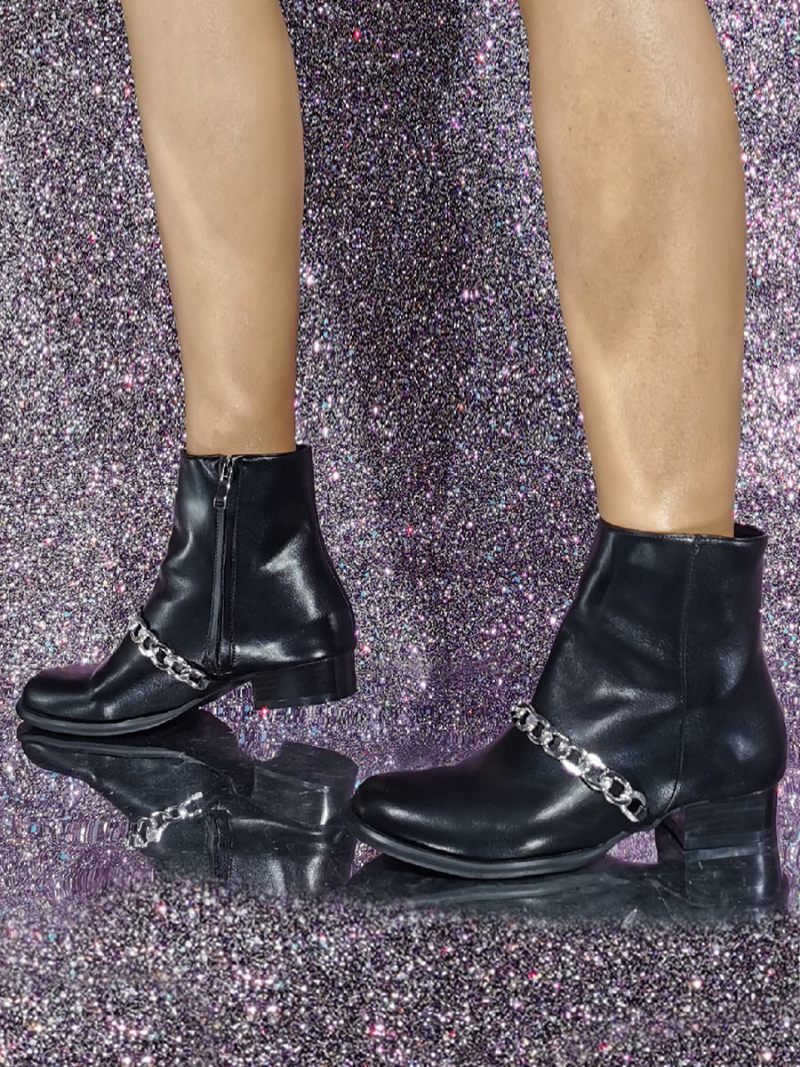 Bottines À Paillettes Cuir Pu Bout Rond Et Talon Chiot Pour Femmes - Noir