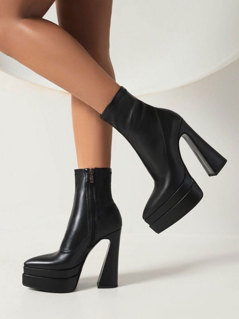 Bottines À Plateforme Cuir Pu Pour Femmes Bout Pointu Et Talons Épais - Noir