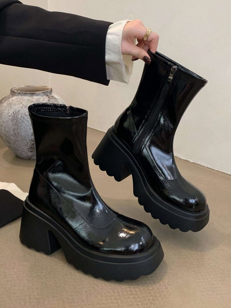 Bottines À Plateforme Et Bout Rond Talons Épais Pour Femmes - Noir