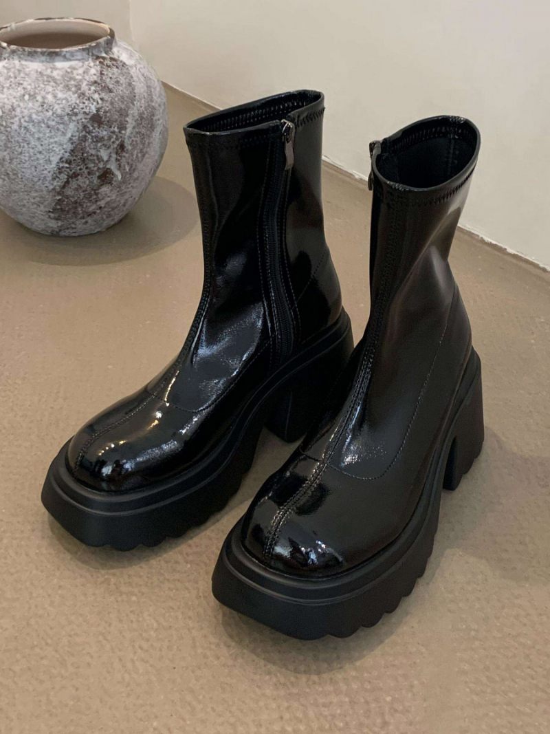 Bottines À Plateforme Et Bout Rond Talons Épais Pour Femmes - Noir