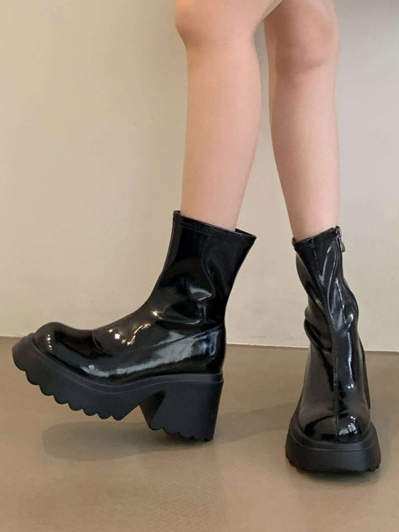 Bottines À Plateforme Et Bout Rond Talons Épais Pour Femmes - Noir