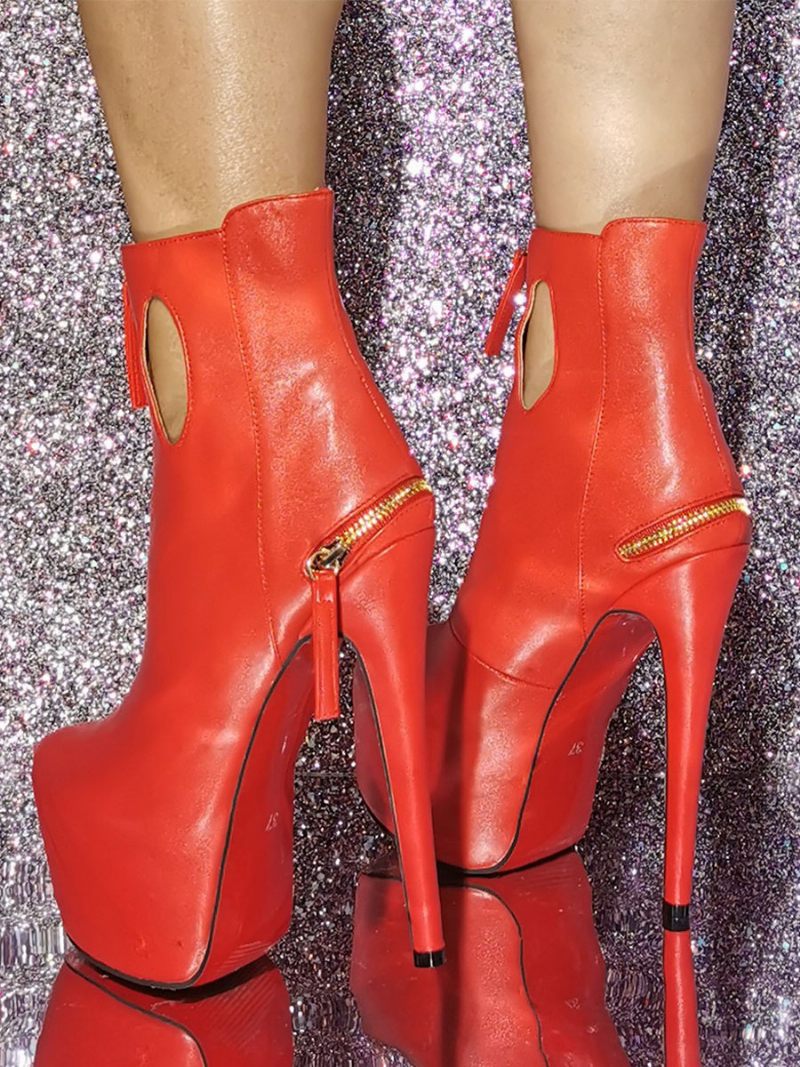 Bottines À Plateforme Pour Femmes Bout Rond Fermeture Éclair Talons Hauts - Rouge