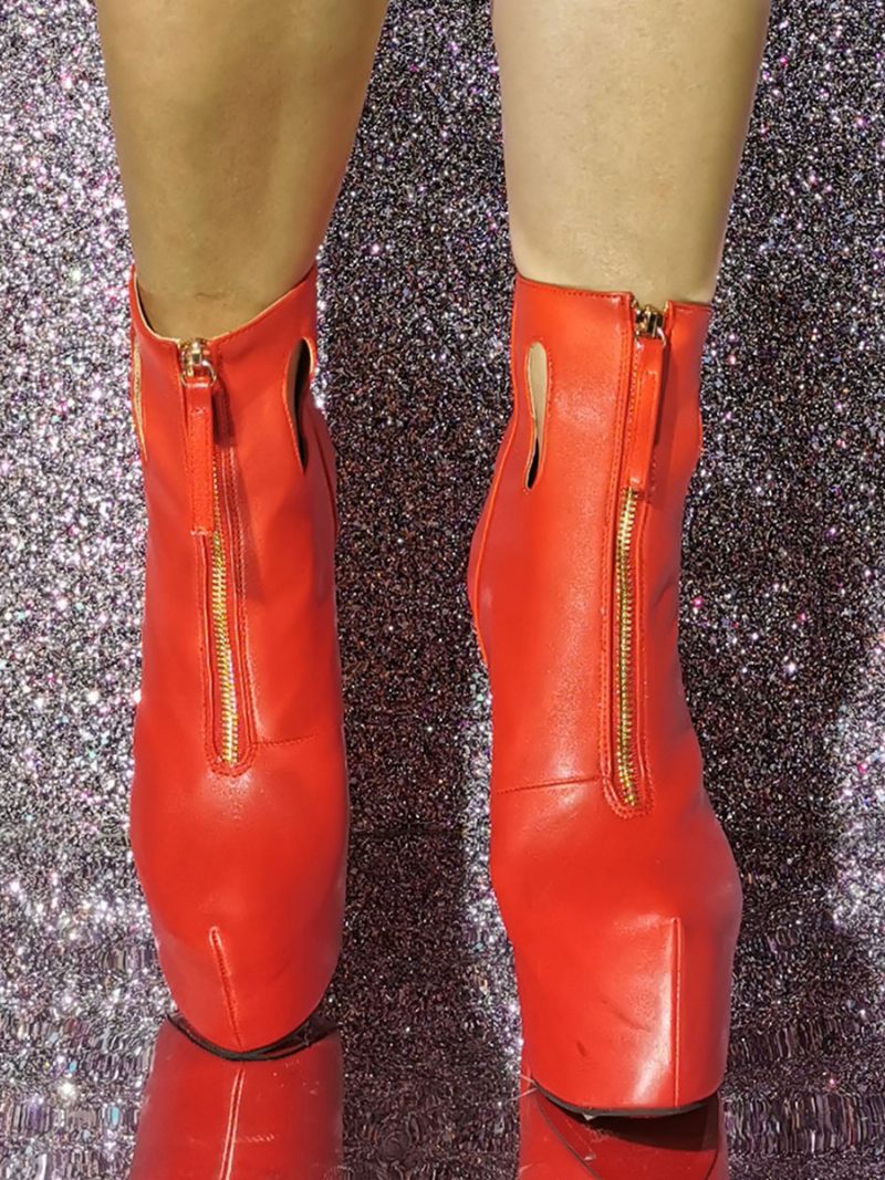 Bottines À Plateforme Pour Femmes Bout Rond Fermeture Éclair Talons Hauts - Rouge