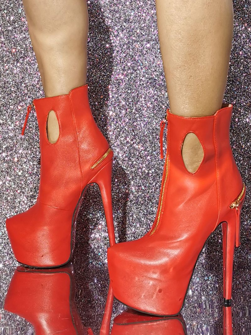 Bottines À Plateforme Pour Femmes Bout Rond Fermeture Éclair Talons Hauts - Rouge