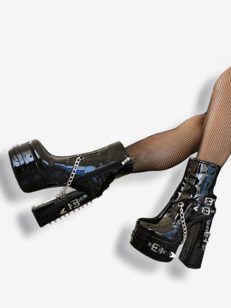 Bottines Punk Noires Vernies À Bout Rond Métal Pour Femmes - Noir