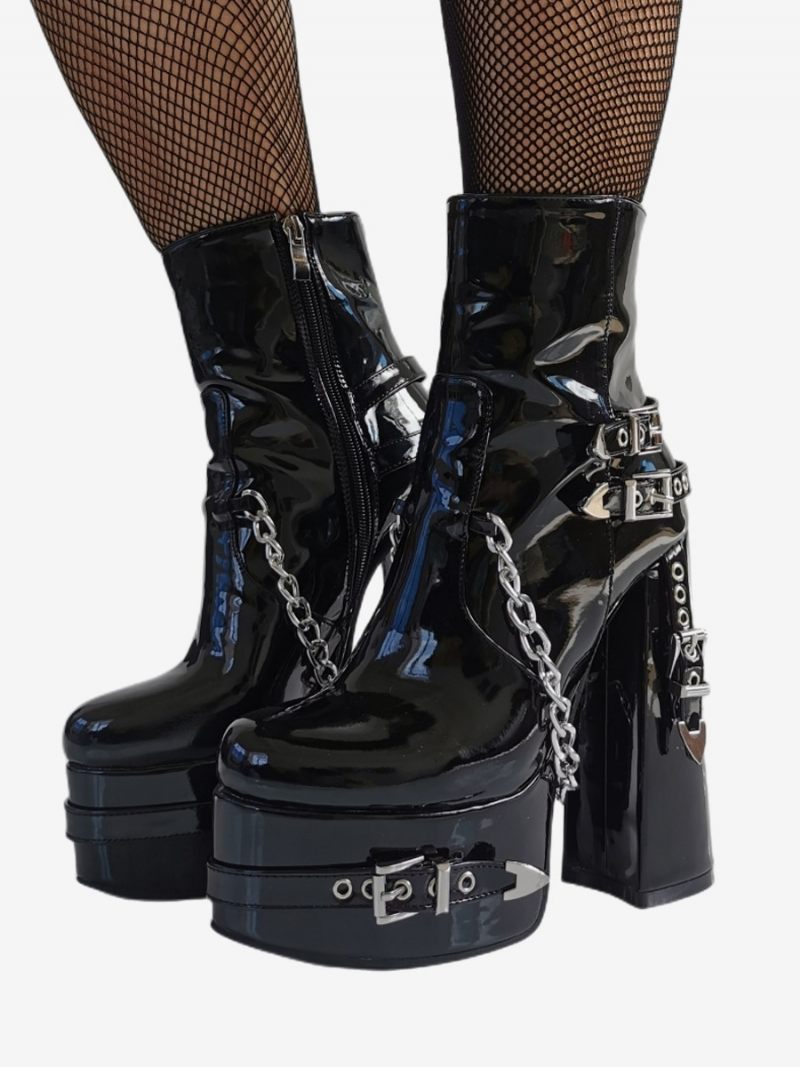 Bottines Punk Noires Vernies À Bout Rond Métal Pour Femmes - Noir