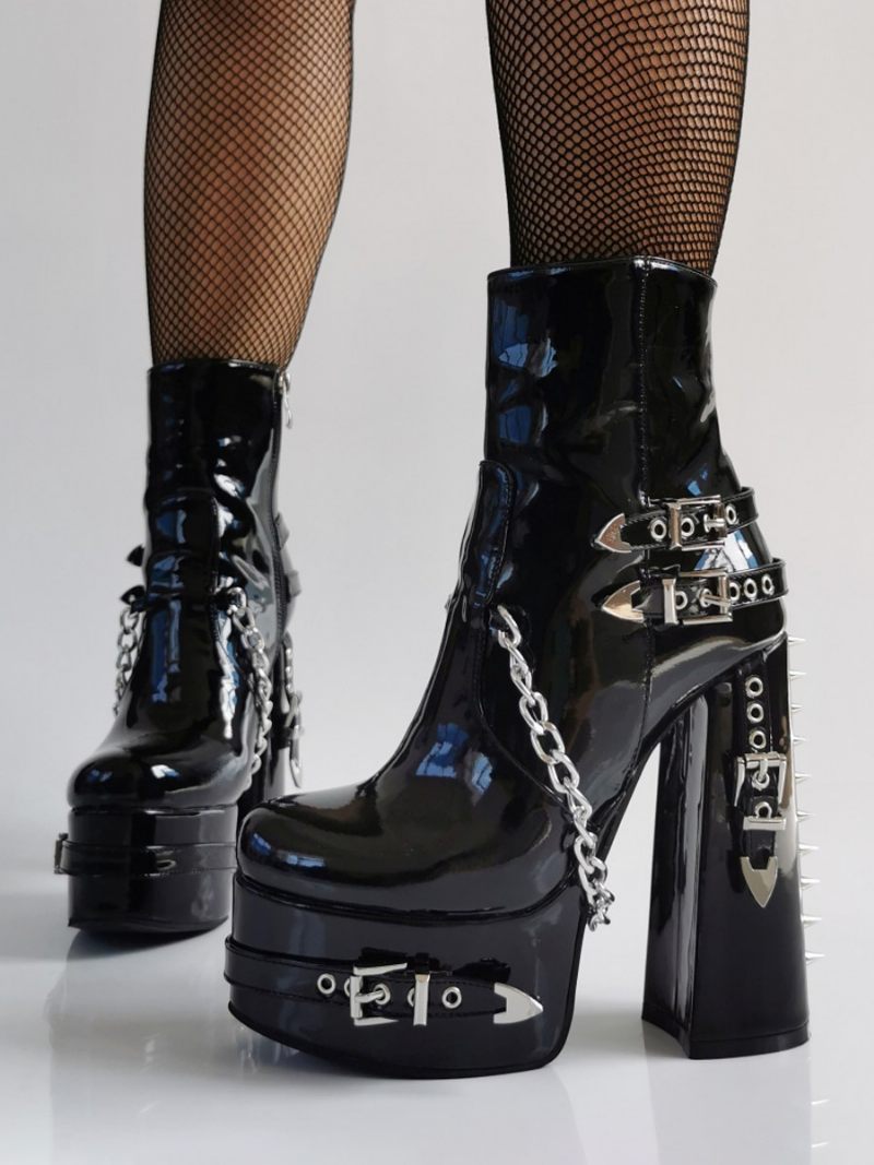 Bottines Punk Noires Vernies À Bout Rond Métal Pour Femmes - Noir