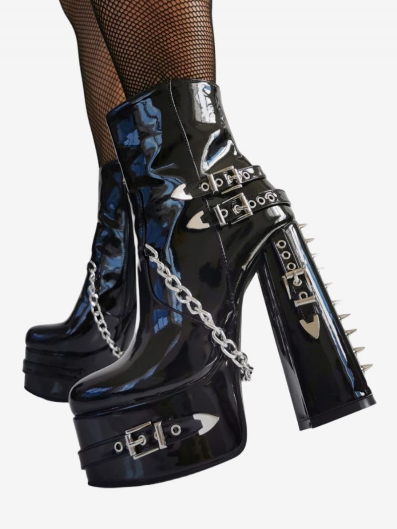 Bottines Punk Noires Vernies À Bout Rond Métal Pour Femmes - Noir