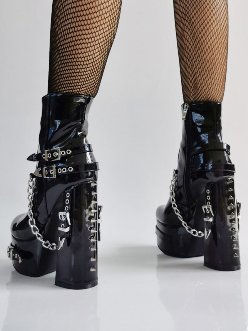 Bottines Punk Noires Vernies À Bout Rond Métal Pour Femmes - Noir