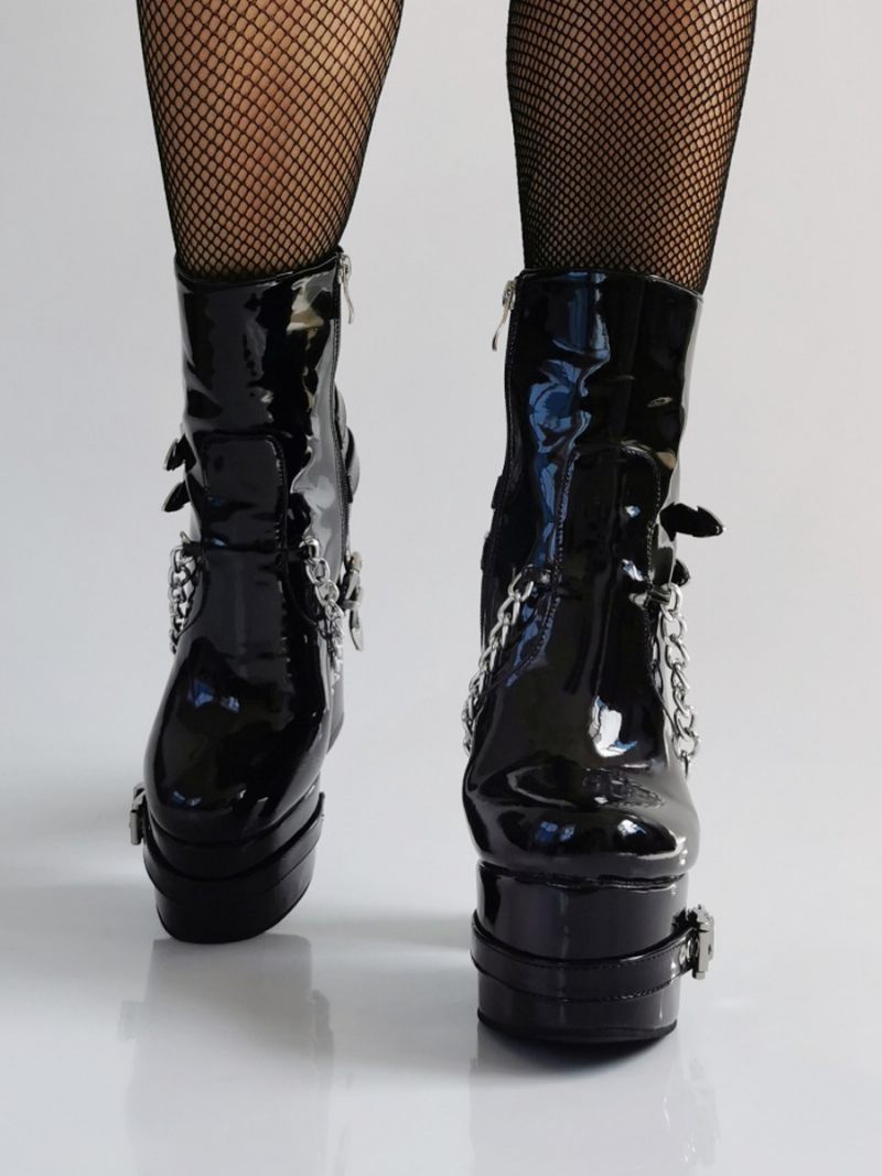 Bottines Punk Noires Vernies À Bout Rond Métal Pour Femmes - Noir