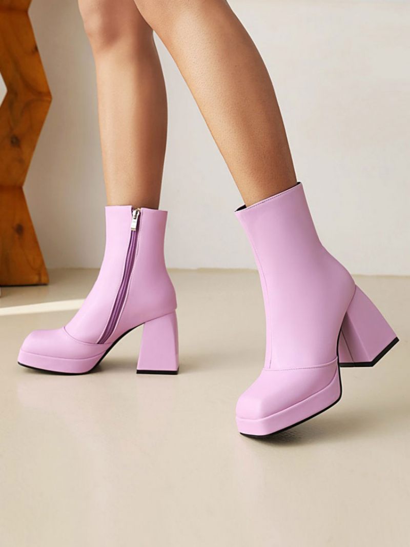 Bottines Roses À Plateforme Et Bout Carré Pour Femmes Talons Blocs - Violet