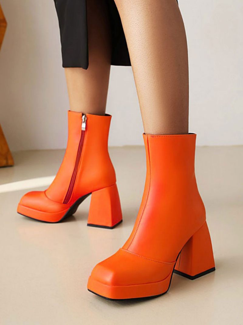 Bottines Roses À Plateforme Et Bout Carré Pour Femmes Talons Blocs - Orange