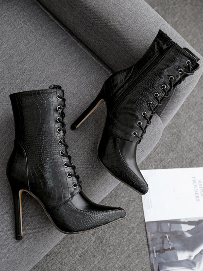 Bottines À Talon Aiguille Cuir Pu Bout Pointu Pour Femmes - Noir