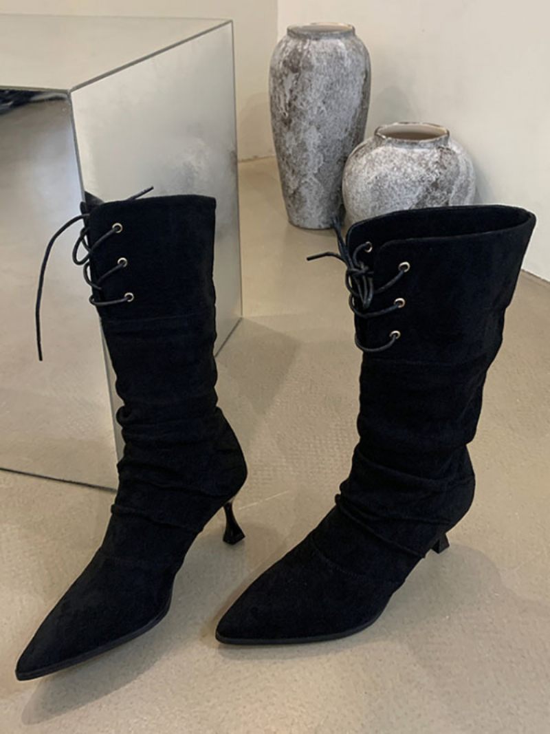 Bottines À Talon Aiguille Et Bout Pointu Micro-daim Pour Femmes - Noir