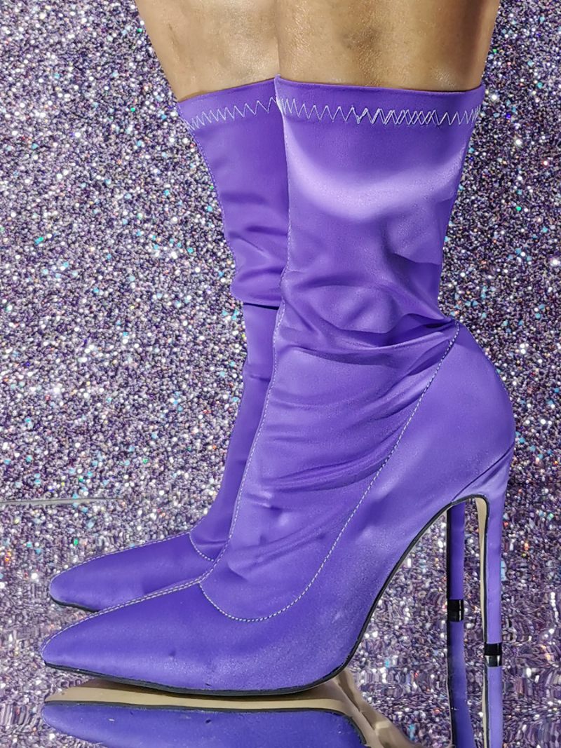 Bottines À Talon Aiguille Tissu Élastique Pour Femmes - Violet