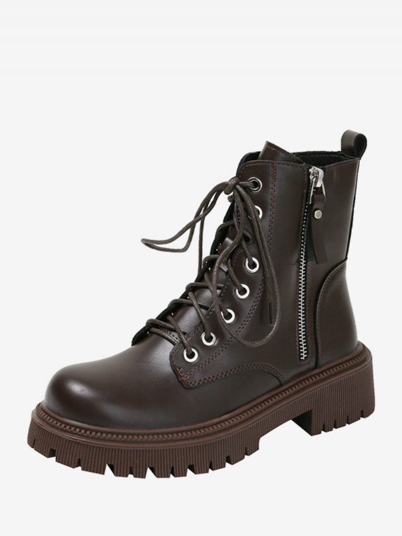 Bottines À Talon Chiot Cuir Pu Avec Fermeture Éclair Et Bout Rond Pour Femmes - Brun Foncé